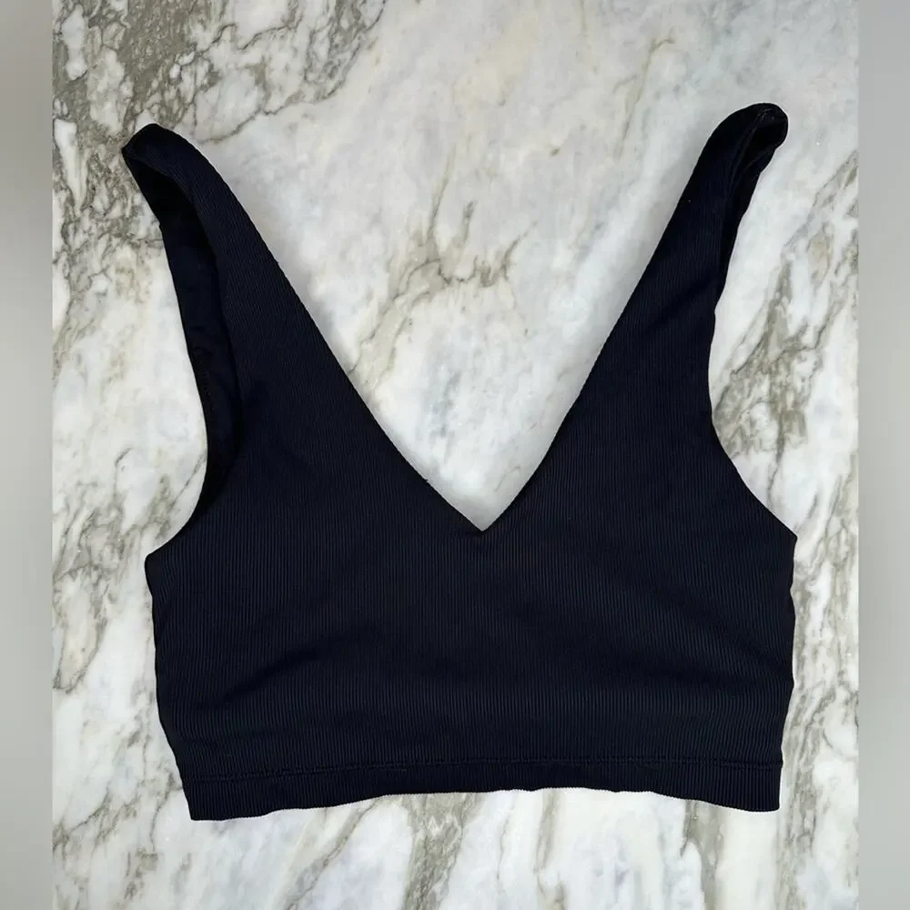 SPIRITUAL GANGSTER Womens V-Neck Plunge Ribbed Black Sports Yoga Bra Size XS